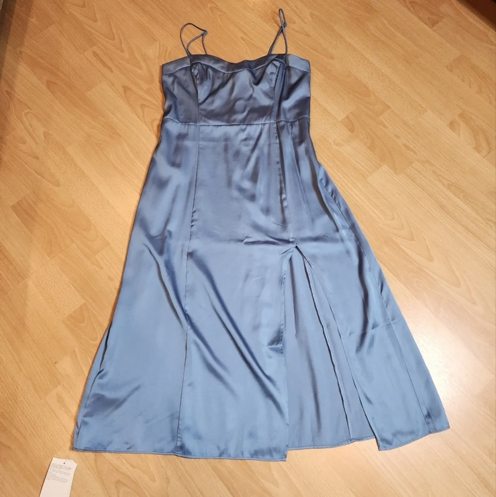 NWT Abercrombie Camille Blue Satin Smocked‎ Sleeveless Midi Dress Size MP